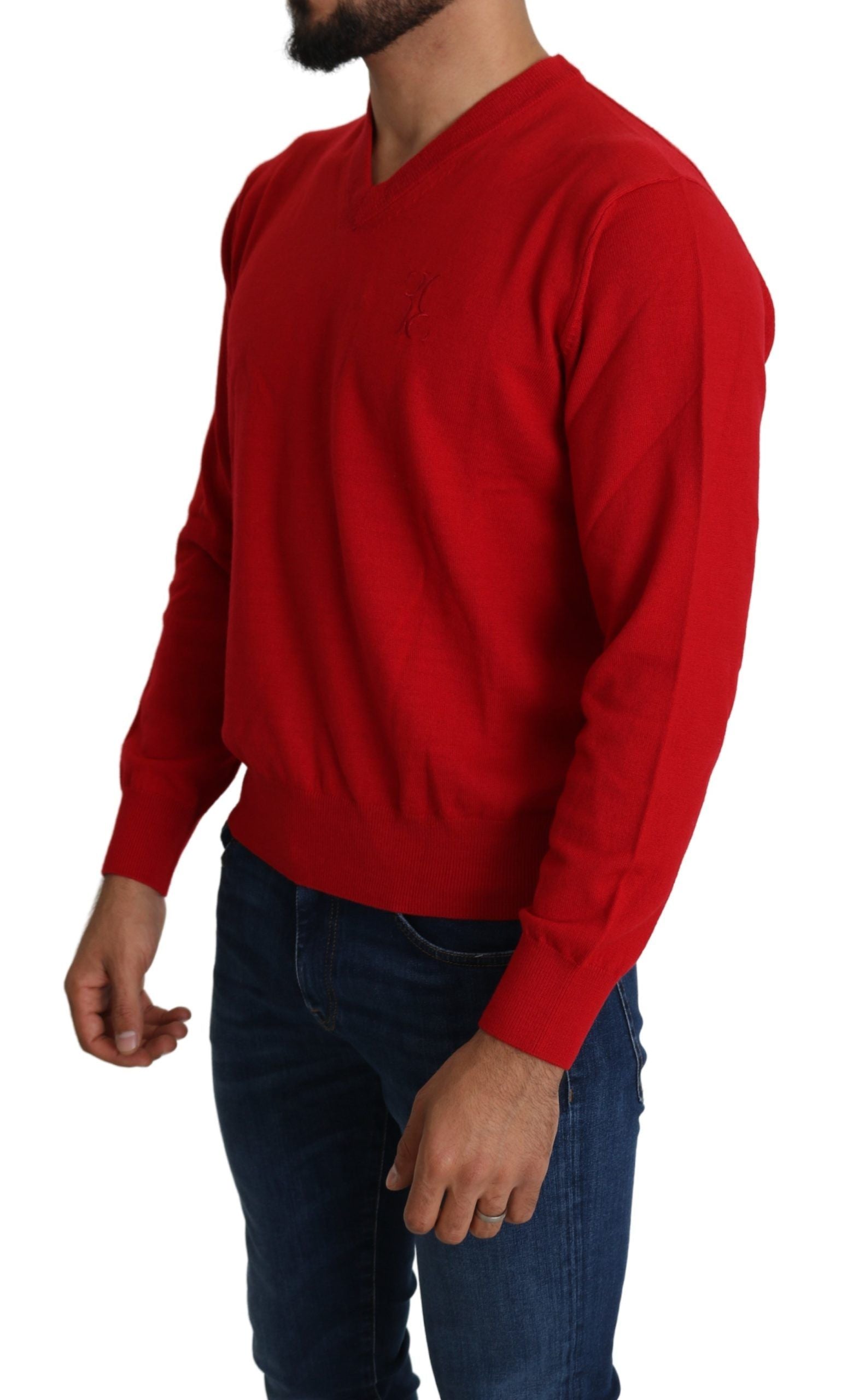 Milyarder İtalyan Modası Kırmızı Yün V Yaka Sweatshirt